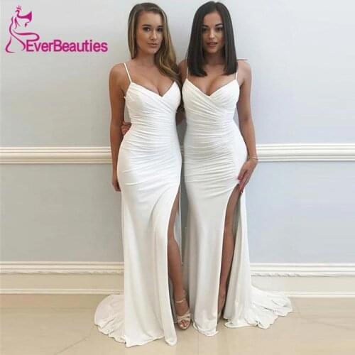 Bridesmaid Dresses Long 2020 Spaghetti Straps V-Neck Mermaid Simple Wedding Guest Dress Side Split Cheap Women Party Gown