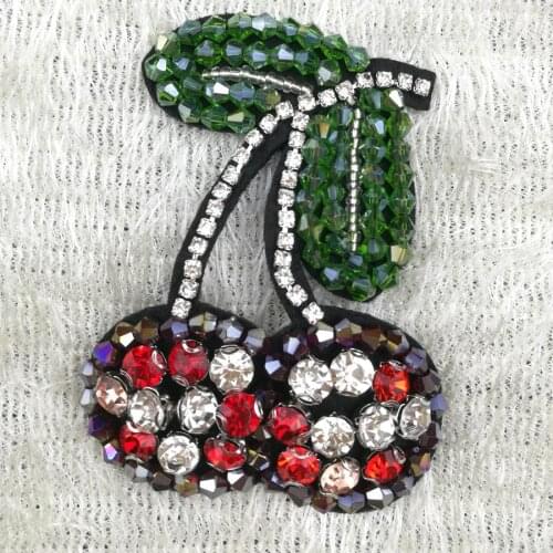 Fruit Cherry Handmade Rhinestone beaded Patches Sew on Crystal patch for clothing beading Applique Cute Patch 1Pcs