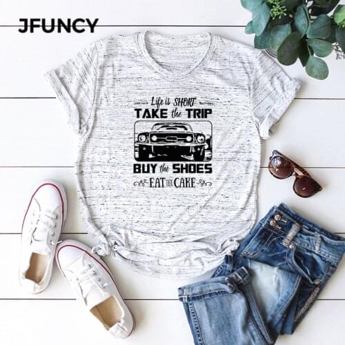JFUNCY Summer Plus Size Women T-Shirts Harajuku Retro Cars Printed 100% Cotton Casual Short Sleeve Tshirt Woman Tee Tops Shirts