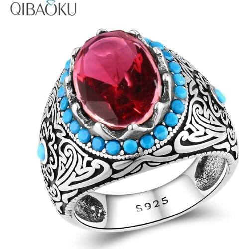 S925 Silver Ring for Men Oval Ruby Zircon Stone Ring Red Gemstone Jewelry Male Thai Silver Turkish Jewelry