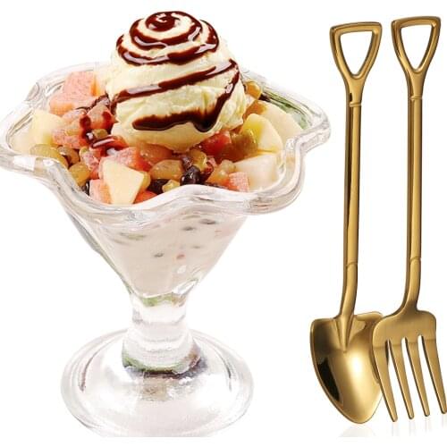 New Stainless Steel Shovel Shape Multi-color Spoon Fork Long Handle Coffee Ice Cream Tool Kitchen Accessories