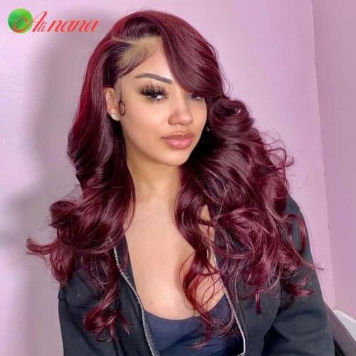 Brazilian Body Wave13×4 Lace Frontal Wig For Women Dark Red Burgundy Color Human Hair Wigs 180% Transparent Lace Pre-Plucked