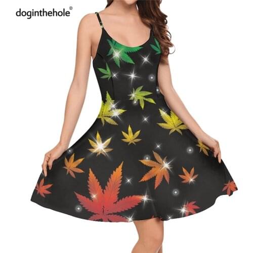 Doginthehole Weed Pattern Sleeveless Sling Dress for Teen Girls 2020 Fashion Hemp Leaves Design Kpop Knee-length Women Dresses
