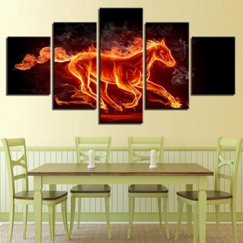 Framed Wall Art Framework Canvas Paintings Living Room HD Prints 5 Pieces Abstract Fire Horse Pictures Home Decor