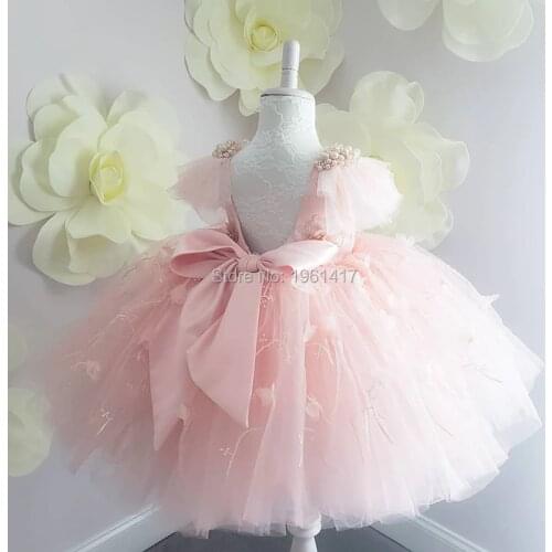 Pink Lace Flower Girl Dresses Kids First Communion Girl Dresses for Party Wedding Knee Length Ball Gown