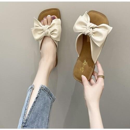 Bowknot Ladies Slippers Summer Flat Slippers New Pu Soft Slippers Womens Shoes Woman Slippers Size Is 35-40