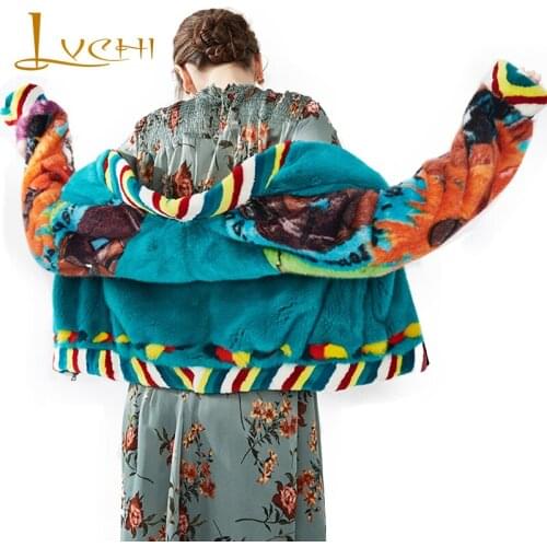 LVCHI Winter2017 Denmark Imported Swan Velvet Mink Womens Natural Real Fur Coat V-Neck Print Contrast Color Slim Mink Fur Coats