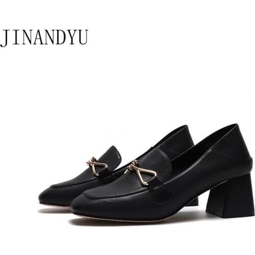 Kitten Heels Women Pumps Office Wear British Style Block Heel Leather Loafer Woman Slippers Zapatos Tacon Beige Black Heels
