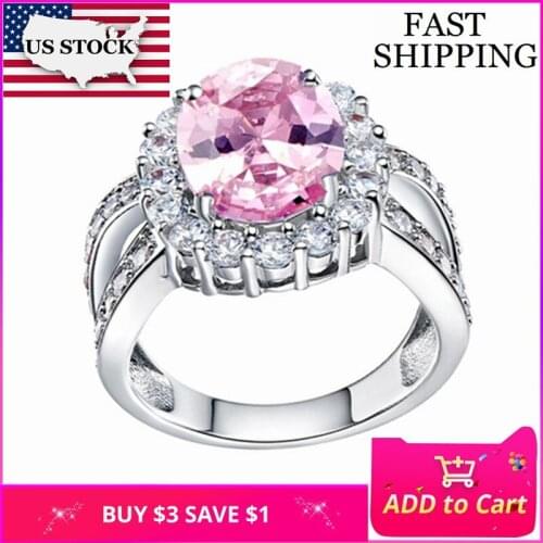 US STOCK Uloveido Jewelry Pink Ring Cubic Zirconia Large Engagement Rings for Women Crown Wedding Jewellery Charms Rings J469