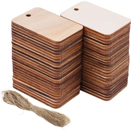 VORCOOL 50pcs Wooden Hanging Pendants Rectangular Rustic Wooden Cutouts Hanging Gift Tags with Hole and Rope for Decoration