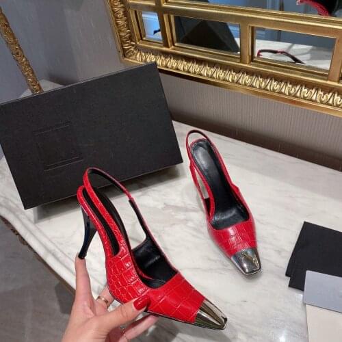 2021 New Spring Autumn Sexy Pumps Square Toe Women Pumps Slingbacks Women Shoes Metal Decor Genuine Leather Slip-On High Heels