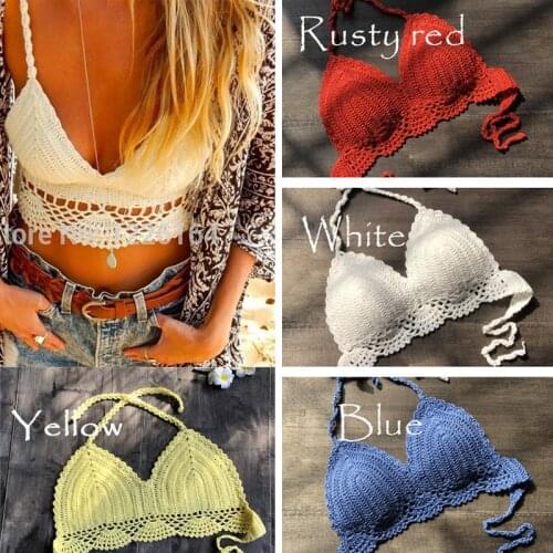Women Crochet Lace Bralette Knit Bra Beach Bikini Halter Cami Tank Crop Top Hot Spring Halter Split Swimsuit Solid Color Top Bra