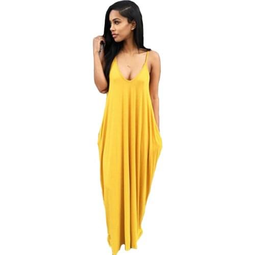 Sexy Suspender Dress Deep V-neck Pleated Long Dress Summer Bohemian Vacation Beach Dress Ladies With Pockets Wild Loose Dresses