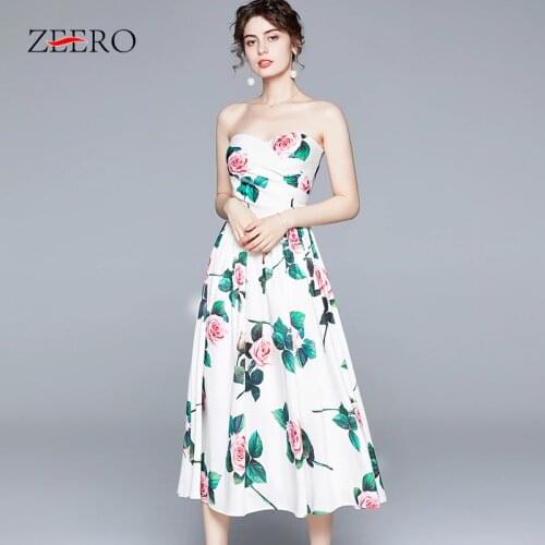 Summer Runway Rose Floral Print Women Sexy Strapless Boho Beach Dress Elegant Female Plus Size Maxi Club Party Dresses Vestidos