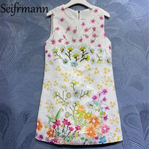 Seifrmann New 2021 Summer Women Fashion Runway Party Mini Dress Gorgeous Beading Floral Print Elegant A-Line Dresses Vestidos