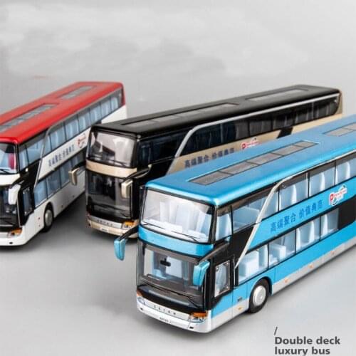 1:32 Double Sightseeing Bus Alloy Car High Simulation Pull Back Sound And Light Model Metal Toy Vehicle Collection Toys Boys
