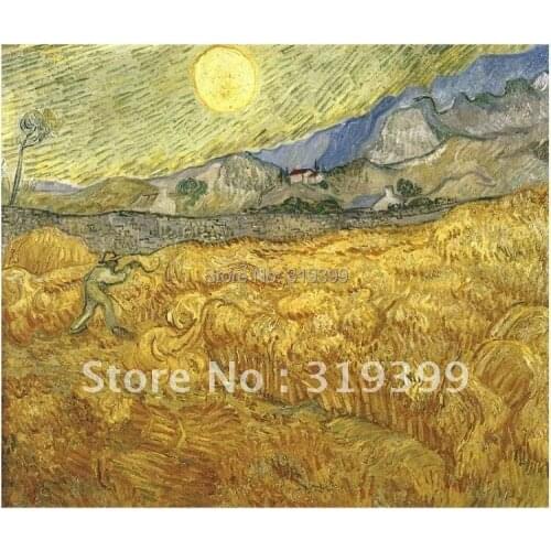 100% handmade Vincent Van Gogh Oil Painting reproduction,Wheat Field Behind Saint Paul Hospital with a Reaper,Museum quality