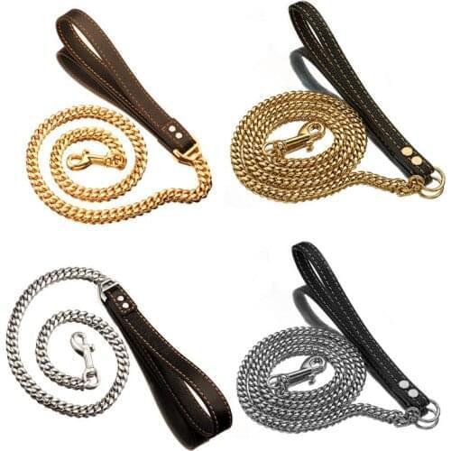 14mm width Golden Silver Stainless Steel Chain with Black Leather Dog Leash Cool Training Pet Supplies