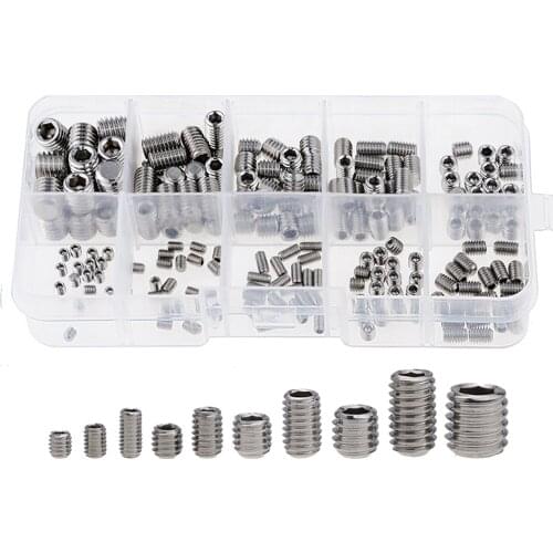 200PCS/Box M3 M4 M5 M6 M8 Stainless Steel Hex Socket Set Screw Grub Screws Assortment Kit