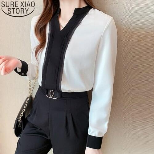 2021 Autumn Silk Tops Women Shirts Long Sleeve V-neck Black and White Contrast Color Satin Blouse Office Lady Shirt Blusas 16112