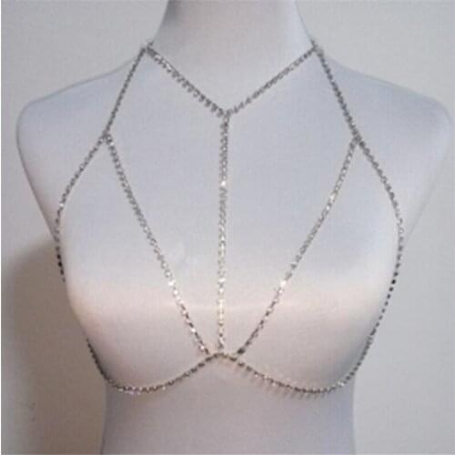 Bohemian Beach Sexy Chest Chain for Women Full Rhinestone Cross Chest Chain Shining Crystal Bra Body Necklace Choker Jewelry