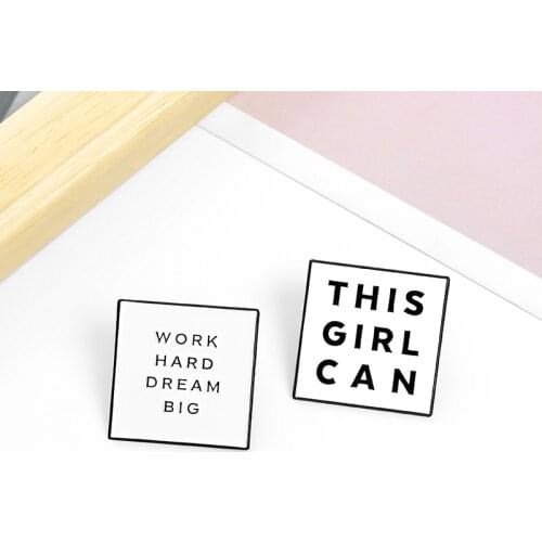 Inspiration Quotes Enamel Pins Square Black White Letters Motivational Sayings Badges Girls Power Brooches Feminist Jewelry Gift