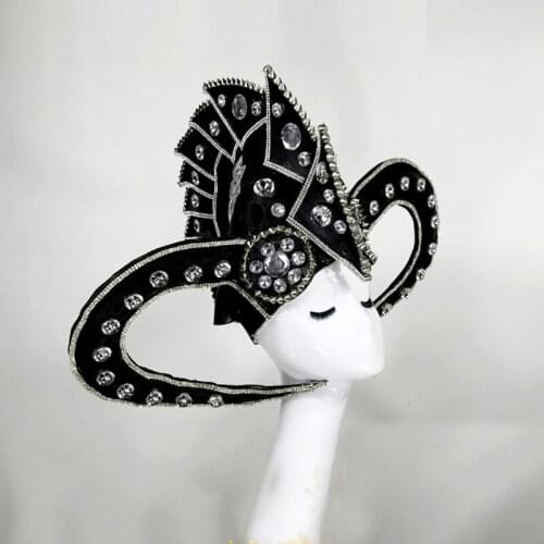 Bovine Horn Rhinestones Headdress Hat Gothic Cosplay Halloween Headwear Funny Prop Steampunk Show Women And Men Headgear DWY3477
