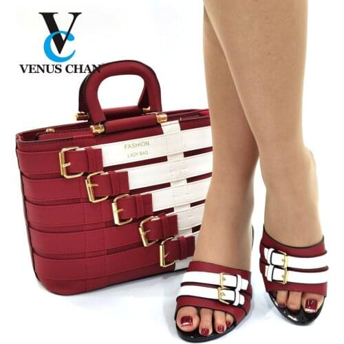 Hot Selling African Design Lastest Noble Style Women Shoes and Bag Set Decorated With Rhinestone in Wine Red Color for Party