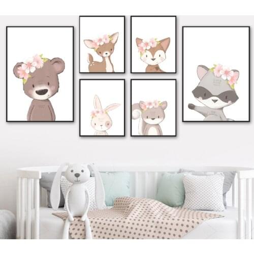 Cute Fox Bunny Squirrel Elk Bear Raccoon Wall Art Canvas Painting Nordic Posters And Prints Wall Pictures Girl Room Home Decor