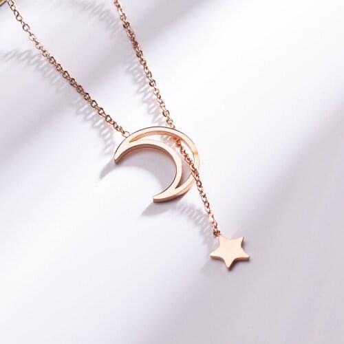 Anti-allergy and non-discoloration, Hollow star moon pendant titanium steel clavicle necklace