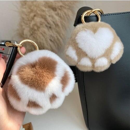 Cute Cat Claw Rex Rabbit Fur Plush Pendant Car Keychain Female Bag Accessories Girls Gift Toys For Children