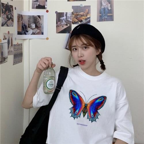 Harajuku Vintage Casual Colorful Butterfly Letter Print Cotton Tops Summer Streetwear Casual Loose Cute INS Chic Women T-shirt