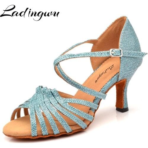 Ladingwu Hot Salsa Dance Shoes Women Light Blue Glitter cloth Latin Ballroom Party Soft Bottom Dance Shoes Heel 6-10cm