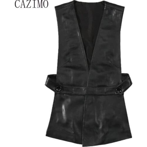 Genuine Leather Vest Women Casual Long Black Sleeveless V-Neck Korean Fashion Clothing Retro Sheepskin