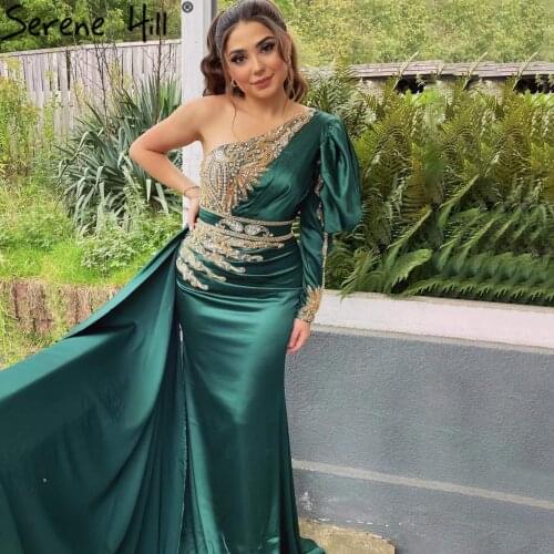 Serene Hill Blush Pink Luxury Beaded Satin Evening Gown 2021 Sexy One Shoulder Mermaid For Women Formal Party Dress CLA71200