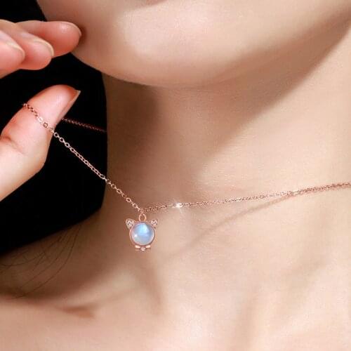 925 Sterling Silver Moonsrone Cute Cat Charm Pendent Necklace For Women Girls Party Jewelry Choker Collar dz130