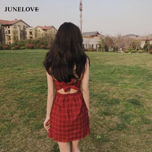 Sexy Spaghetti Strap Backless Lace Up Plaid Beach Party Dress Summer 2020 Fashion High Waist Slim Elegant Dresses Women Vestidos