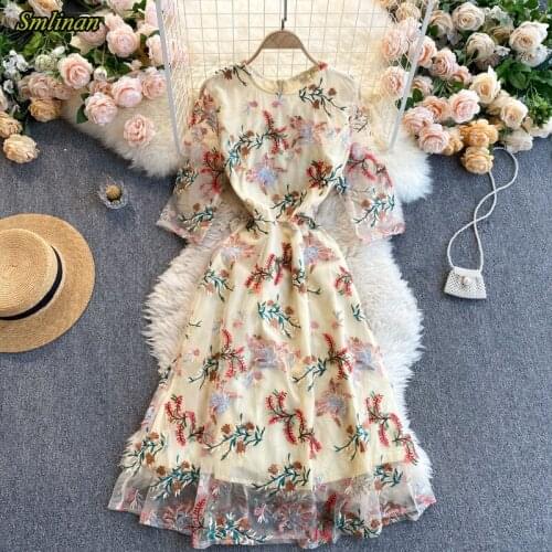 Smlinan Summer Sexy Slim Evening Party Dress Women Embroidery Floral A-line Long Dress Plus Size Elegant Mesh Dresses Ladies