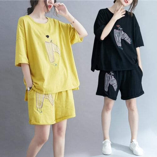 2021 Cartoons Large Size Embroidery Set Fashion Casual Two Piece Cotton T-Shirt Shorts Womens Clothing Loose Tracksuit zh11169