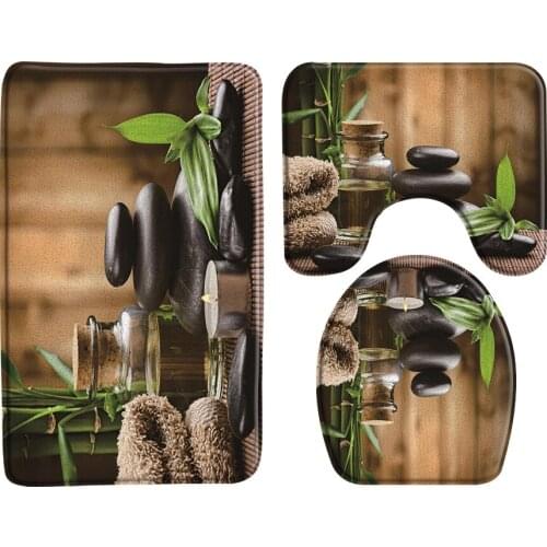 3Pcs Set Zen Stone Green Bamboo Pattern Entry Doormats Lotus Spa Bath Mats Bathroom Non-Slip Soft Carpet Rugs Toilet Seat Cover