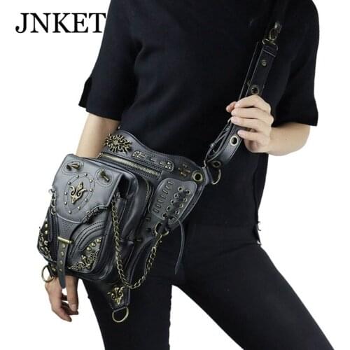 JNKET New Women Steam Punk Waist Bag PU Leather Belt Bag Rivets Shoulder Bags Crossbody Bags Large Capacity Sling Bag