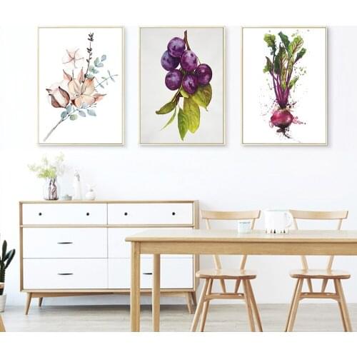 White Flower Leaf Plant Purple Grape Radish Canvas Painting Nordic Style Poster and Print Wall Art Picture for Kitchen Decortion