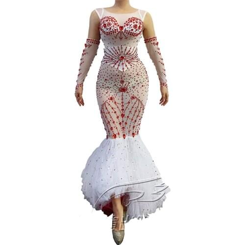 New Red Love Rhinestone Dress White Mesh Fish Tail Stage Dress Birthday Outfits For Women Singer Stage Show Dance Wear VDVDB3331