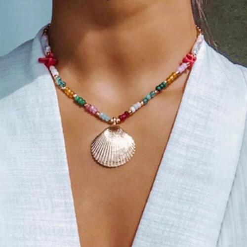 Handmade gold-color large shell pendant necklace Fashion creative design pearl choker jewelry bohemian colier femme accessorie