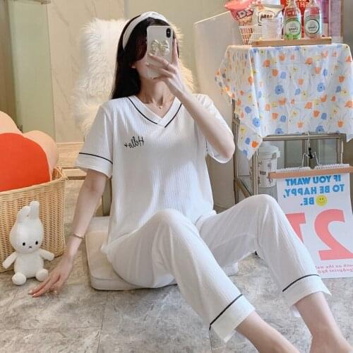 2021 Summer Cotton Short Sleeve Long Pants V-neck Pajama Sets Women Korean Sleepwear Pyjamas Homewear Pijama Mujer Home Clothes