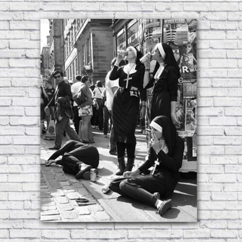 Nuns Party Poster Black and White Photography Rebellious Nuns Drinking and Smoking Canvas Painting Wall Art Decor