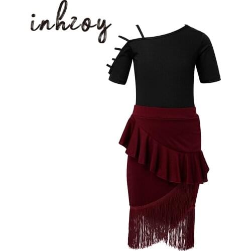 Girls Salsa Tango Latin Dance Dress Kids Ballroom Dancing Prom Party Dress Girls Dance Leotard Tassel Ruffle Fishtail Skirt Set