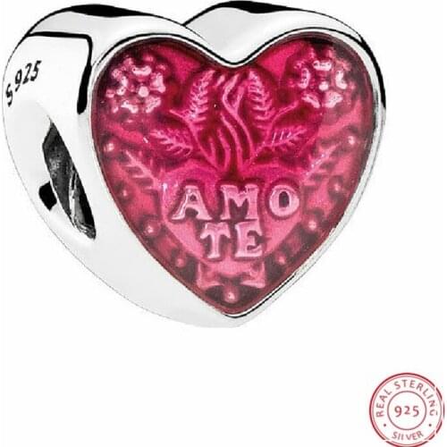 Valentines Day Gift Pink Enamel Latin Love Heart Beads for Jewelry Making DIY Fit 3mm Charms Silver 925 Original