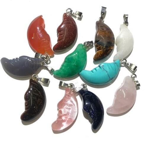 Natural Stone Pendant Necklace Accessories Moon Shape Crystal Agates Stone Rose Quartz Charms For Jewelry Making Bracelet Gift