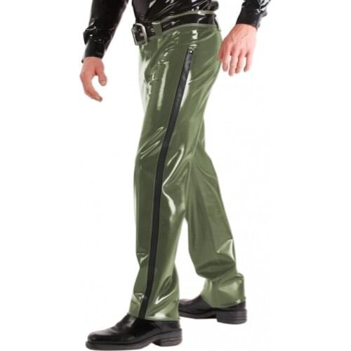 100% handmade casual mens army green latex trousers(including belt) with black side stripes decorations